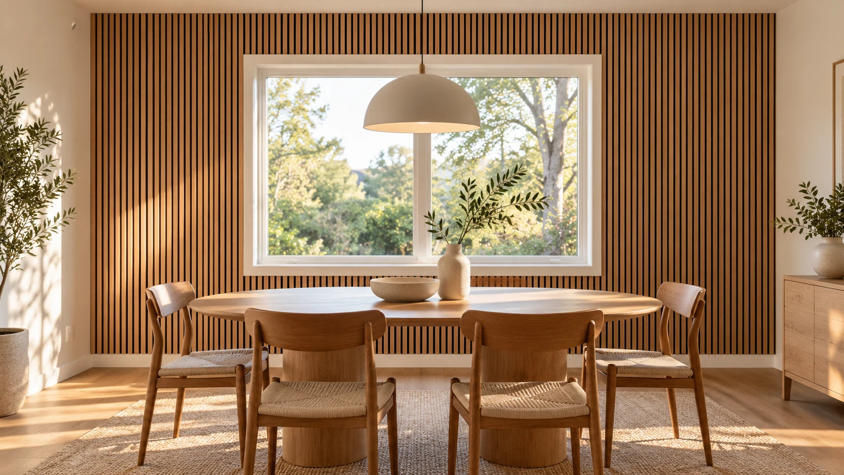 Room inspiration with a light oak slat wall, dining table and chairs beside a bright window.