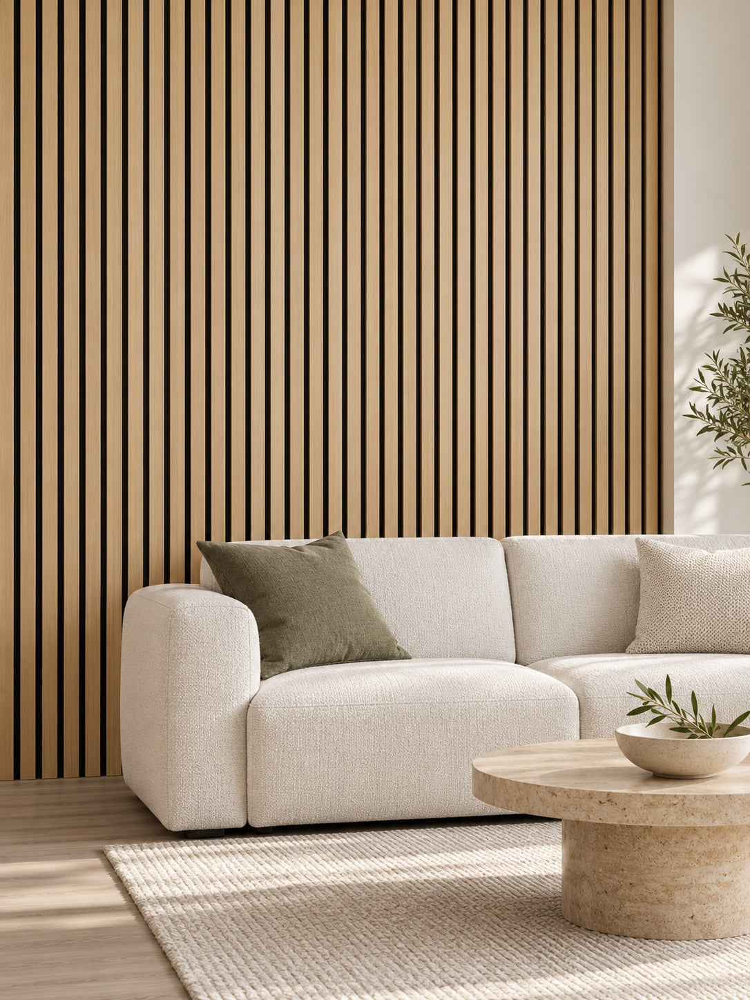 Light oak slat panels behind a soft cream sofa in a sunlit living room.