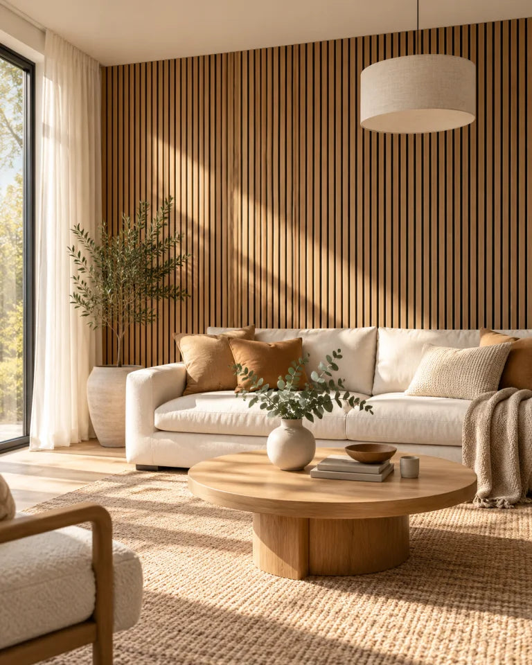 A finished light oak slat feature wall behind a cream sofa in a warm, bright living room.
