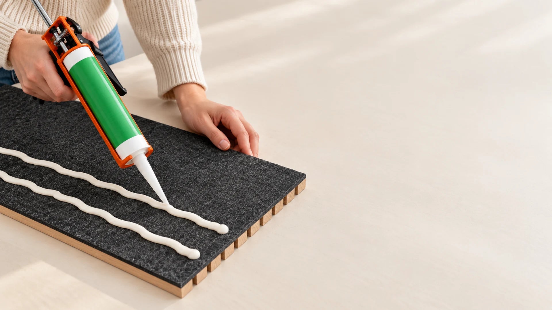 Hands using a caulking gun to apply mounting adhesive to the dark felt backing of a face-down wall panel.