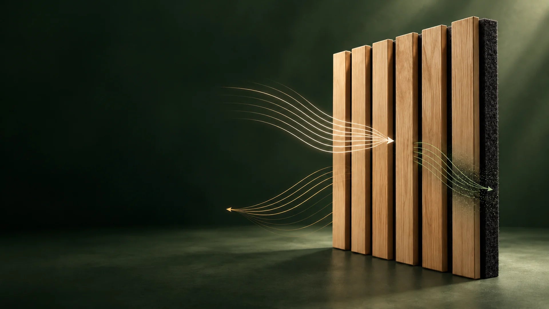 Oak slats on black porous felt. Cream lines travel toward the panel, a smaller gold path reflects away, and sage lines fade into the felt to illustrate partial sound absorption.